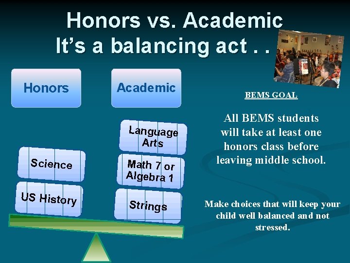 Honors vs. Academic It’s a balancing act. . Honors Academic Language Arts Science US