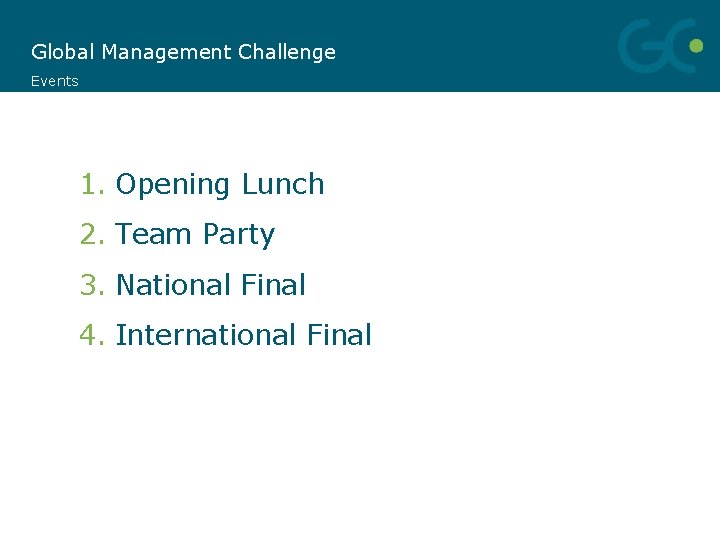 Global Management Challenge Events 1. Opening Lunch 2. Team Party 3. National Final 4.