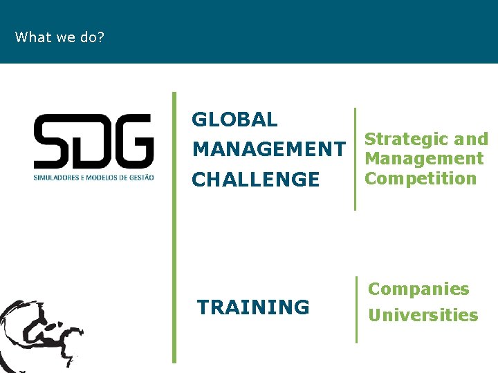 What we do? GLOBAL MANAGEMENT CHALLENGE TRAINING Strategic and Management Competition Companies Universities 