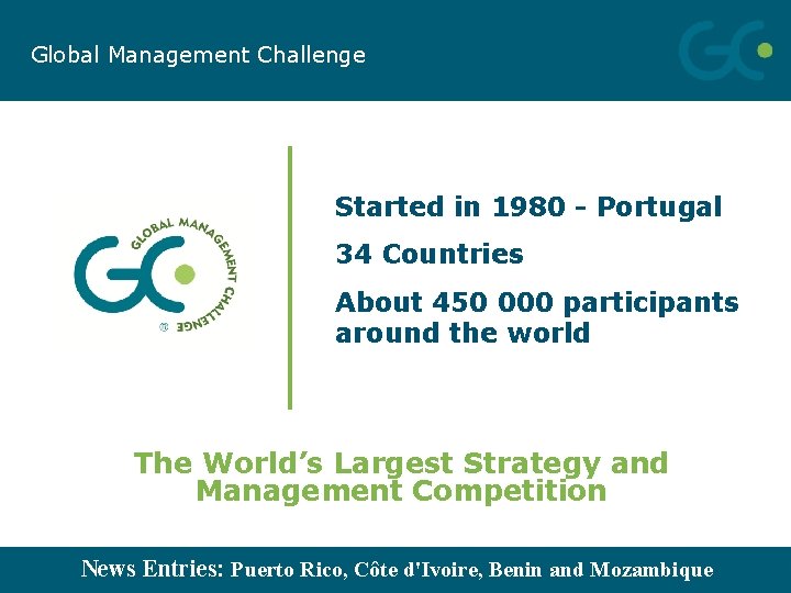 Global Management Challenge Started in 1980 - Portugal 34 Countries About 450 000 participants