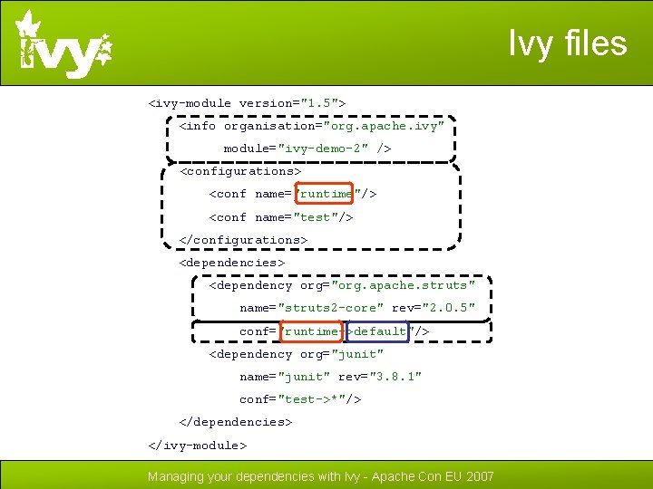 Ivy files <ivy-module version="1. 5"> <info organisation="org. apache. ivy" module="ivy-demo-2" /> <configurations> <conf name="runtime"/>