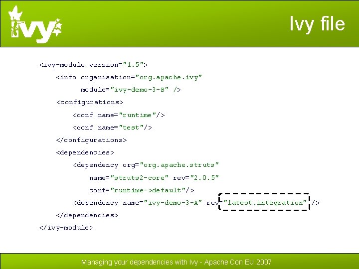 Ivy file <ivy-module version="1. 5"> <info organisation="org. apache. ivy" module="ivy-demo-3 -B" /> <configurations> <conf