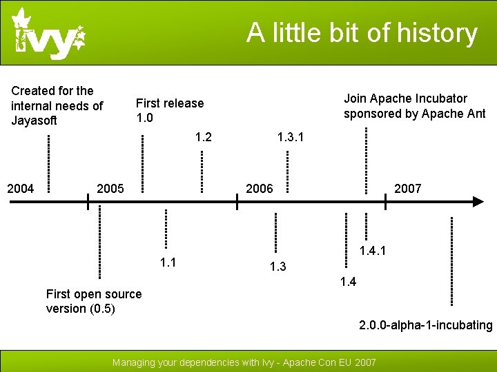 A little bit of history Created for the internal needs of Jayasoft Join Apache