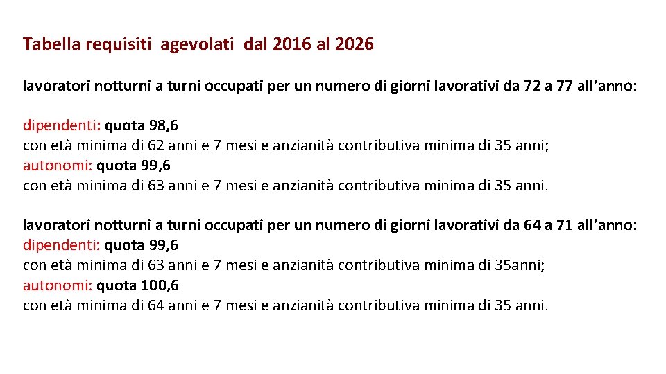 Tabella requisiti agevolati dal 2016 al 2026 lavoratori notturni a turni occupati per un