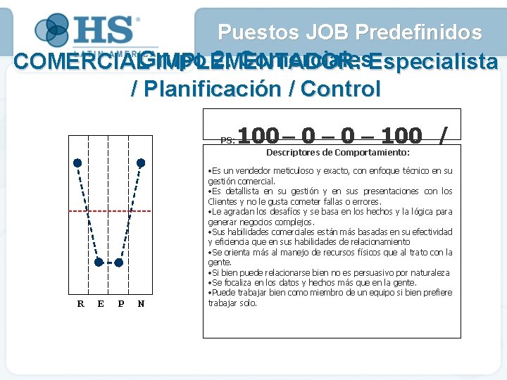 Puestos JOB Predefinidos 2: Comerciales. Especialista COMERCIALGrupo IMPLEMENTADOR: / Planificación / Control PS: 100