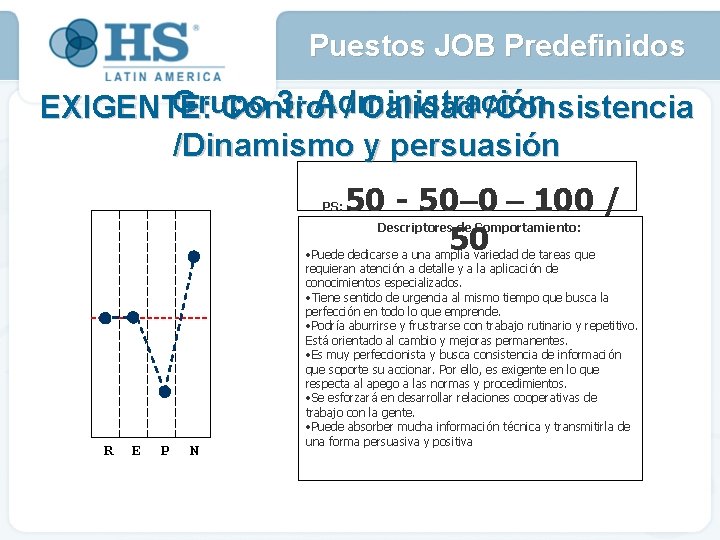 Puestos JOB Predefinidos Grupo 3: Administración EXIGENTE: Control / Calidad /Consistencia /Dinamismo y persuasión