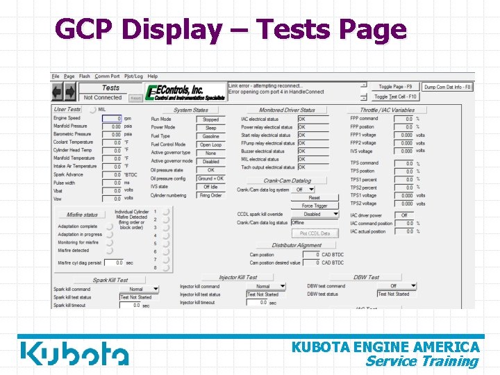 GCP Display – Tests Page KUBOTA ENGINE AMERICA Service Training 