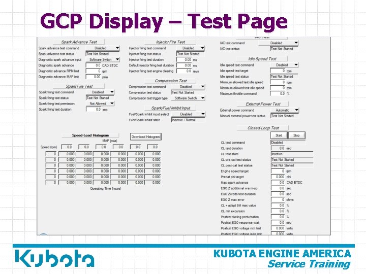 GCP Display – Test Page KUBOTA ENGINE AMERICA Service Training 