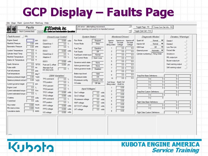 GCP Display – Faults Page KUBOTA ENGINE AMERICA Service Training 