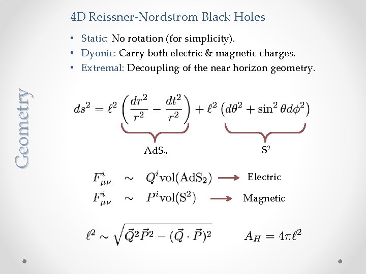 4 D Reissner-Nordstrom Black Holes Geometry • Static: No rotation (for simplicity). • Dyonic: