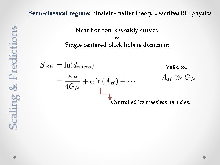 Scaling & Predictions Semi-classical regime: Einstein-matter theory describes BH physics Near horizon is weakly