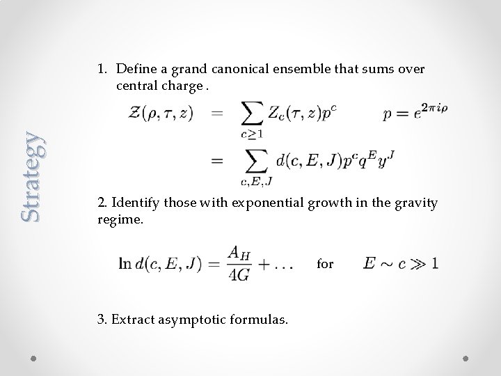 Strategy 1. Define a grand canonical ensemble that sums over central charge. 2. Identify