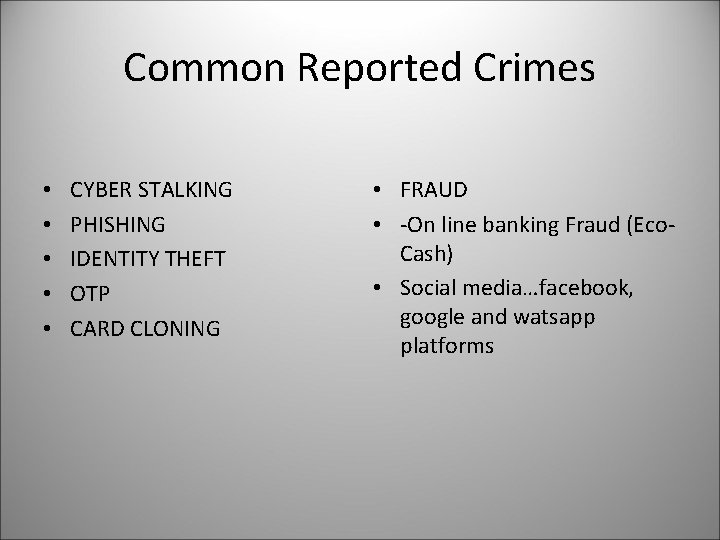 Common Reported Crimes • • • CYBER STALKING PHISHING IDENTITY THEFT OTP CARD CLONING