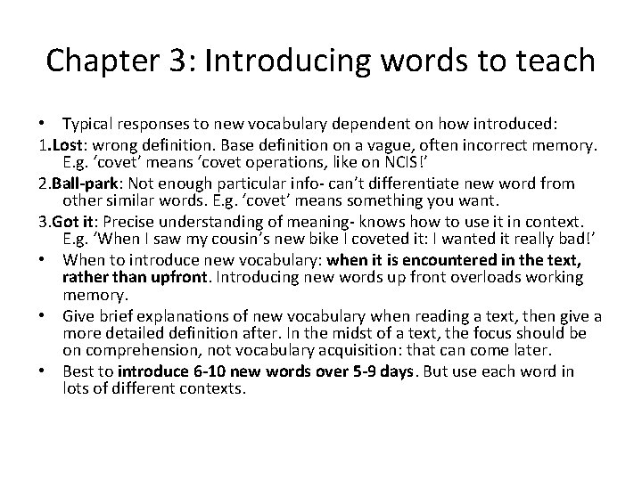 Chapter 3: Introducing words to teach • Typical responses to new vocabulary dependent on