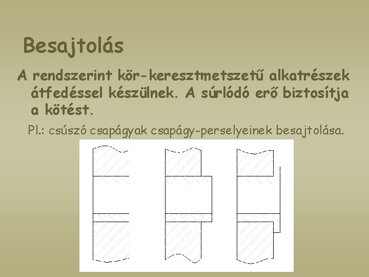 Besajtolás A rendszerint kör-keresztmetszetű alkatrészek átfedéssel készülnek. A súrlódó erő biztosítja a kötést. Pl.