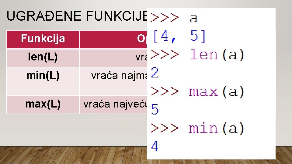 UGRAĐENE FUNKCIJE ZA LISTE Funkcija Opis djelovanja len(L) vraća duljinu liste min(L) vraća najmanju