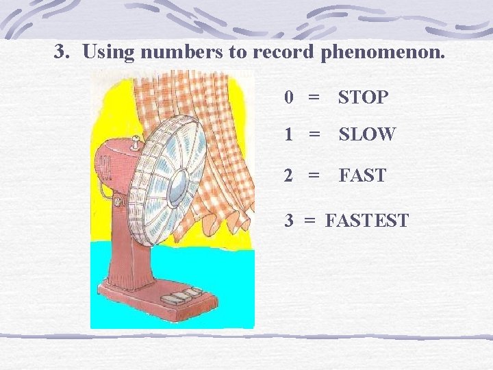 3. Using numbers to record phenomenon. 0 = STOP 1 = SLOW 2 =