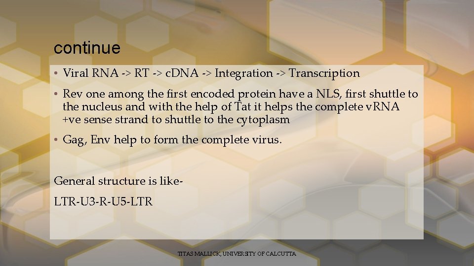 continue • Viral RNA -> RT -> c. DNA -> Integration -> Transcription •