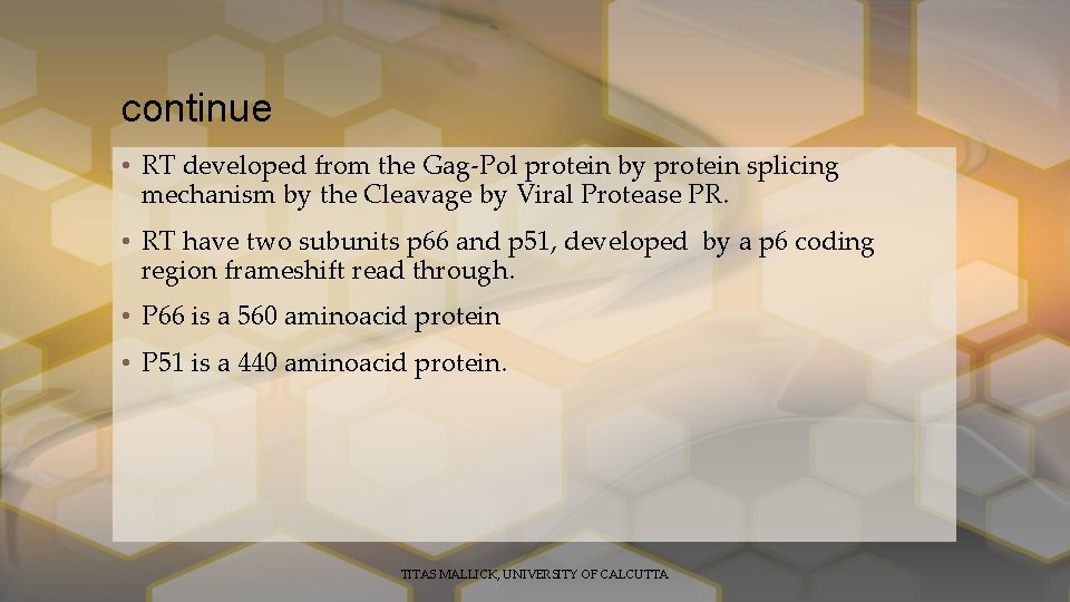 continue • RT developed from the Gag-Pol protein by protein splicing mechanism by the