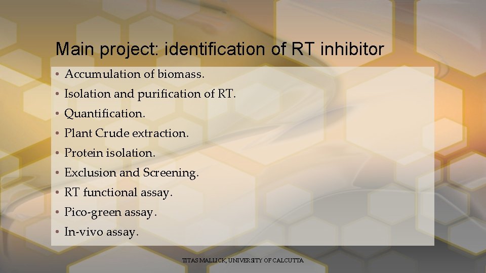 Main project: identification of RT inhibitor • Accumulation of biomass. • Isolation and purification