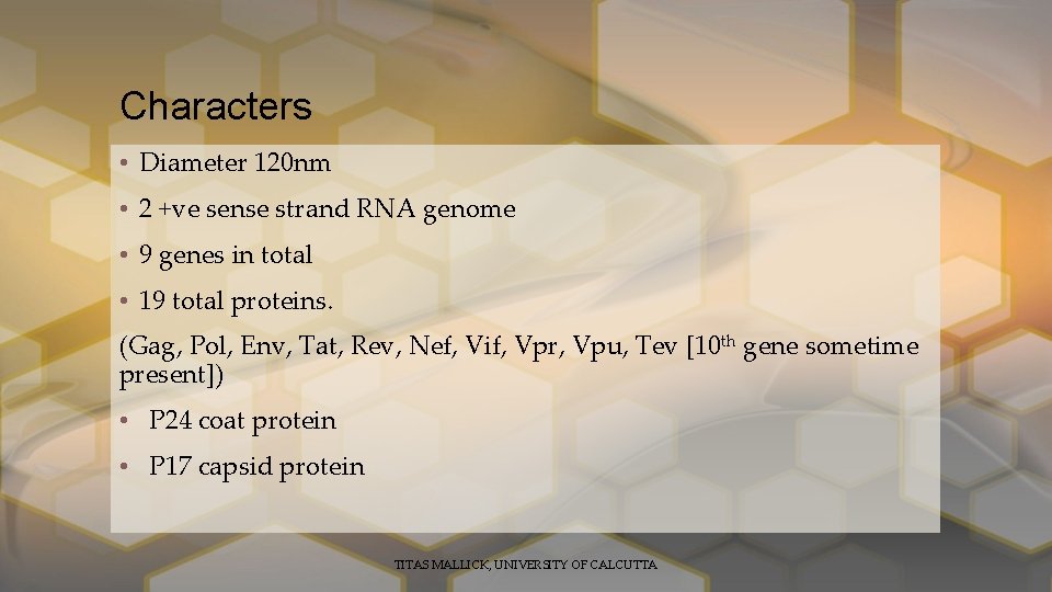 Characters • Diameter 120 nm • 2 +ve sense strand RNA genome • 9