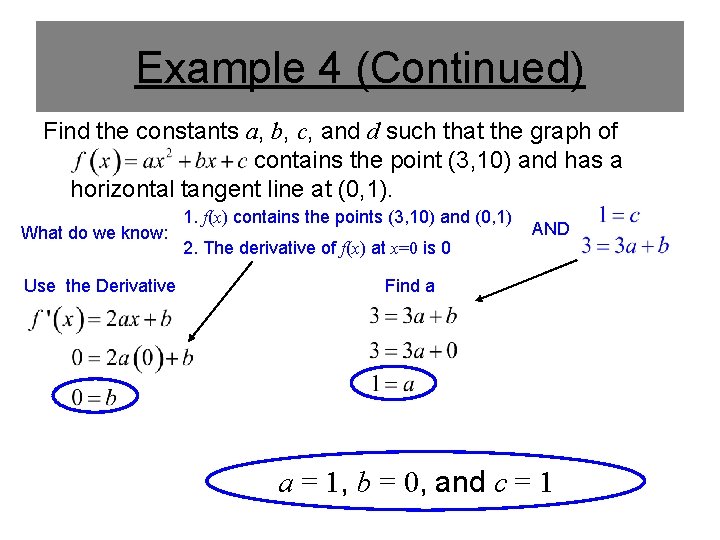 Example 4 (Continued) Find the constants a, b, c, and d such that the Example 4 (Continued) Find the constants a, b, c, and d such that the