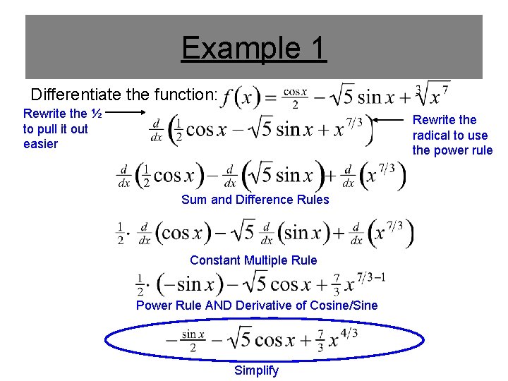 Example 1 Differentiate the function: Rewrite the ½ to pull it out easier Rewrite Example 1 Differentiate the function: Rewrite the ½ to pull it out easier Rewrite