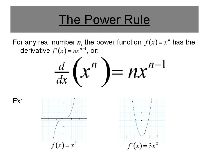 The Power Rule For any real number n, the power function derivative , or: The Power Rule For any real number n, the power function derivative , or: