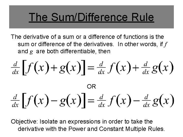 The Sum/Difference Rule The derivative of a sum or a difference of functions is
