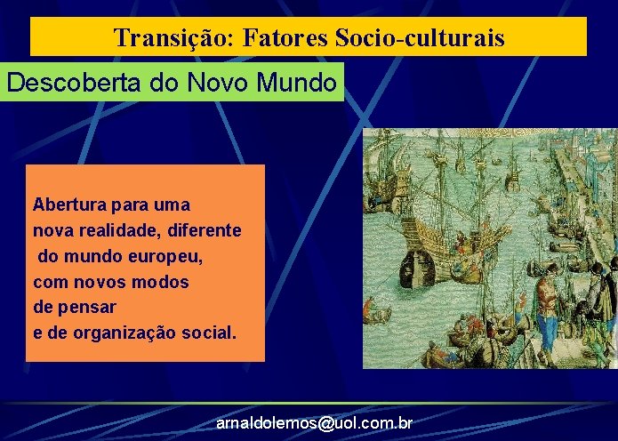 Transição: Fatores Socio-culturais Descoberta do Novo Mundo Abertura para uma nova realidade, diferente do