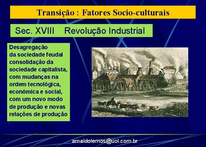 Transição : Fatores Socio-culturais Sec. XVIII Revolução Industrial Desagregação da sociedade feudal consolidação da