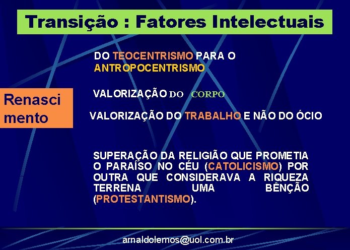 Transição : Fatores Intelectuais DO TEOCENTRISMO PARA O ANTROPOCENTRISMO Renasci mento VALORIZAÇÃO DO CORPO