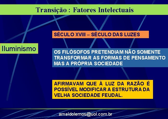 Transição : Fatores Intelectuais SÉCULO XVIII – SÉCULO DAS LUZES Iluminismo OS FILÓSOFOS PRETENDIAM