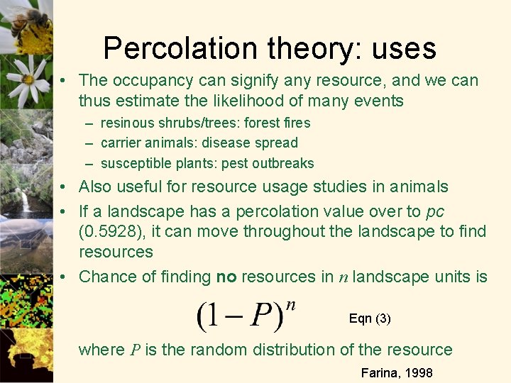 Percolation theory: uses • The occupancy can signify any resource, and we can thus