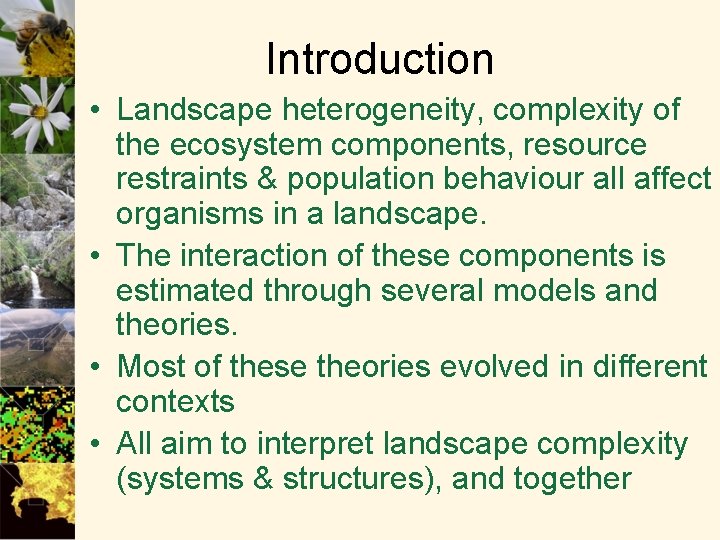 Introduction • Landscape heterogeneity, complexity of the ecosystem components, resource restraints & population behaviour