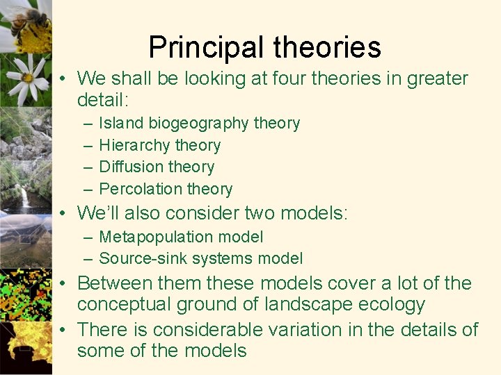 Principal theories • We shall be looking at four theories in greater detail: –