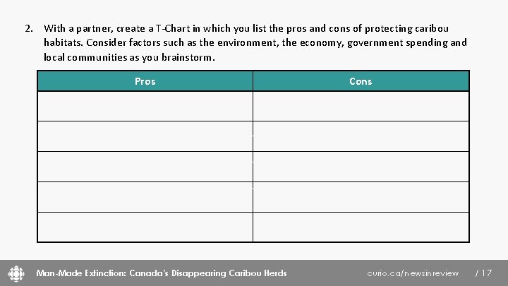 2. With a partner, create a T-Chart in which you list the pros and