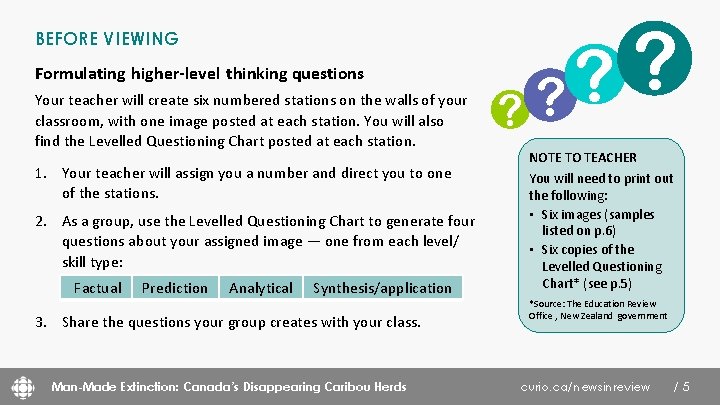 BEFORE VIEWING Formulating higher-level thinking questions Your teacher will create six numbered stations on
