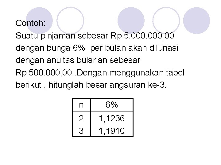 Contoh: Suatu pinjaman sebesar Rp 5. 000, 00 dengan bunga 6% per bulan akan