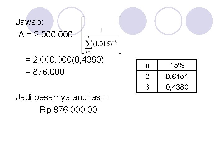 Jawab: A = 2. 000(0, 4380) = 876. 000 Jadi besarnya anuitas = Rp