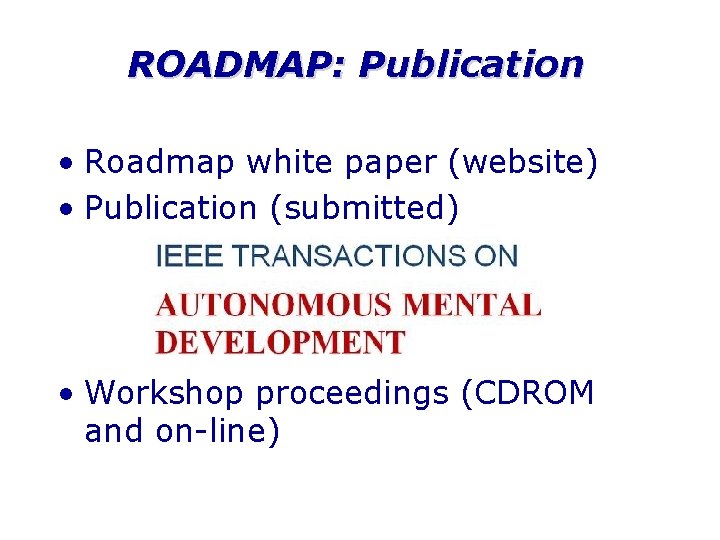 ROADMAP: Publication • Roadmap white paper (website) • Publication (submitted) • Workshop proceedings (CDROM
