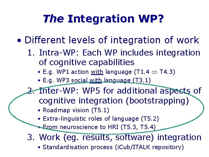 The Integration WP? • Different levels of integration of work 1. Intra-WP: Each WP