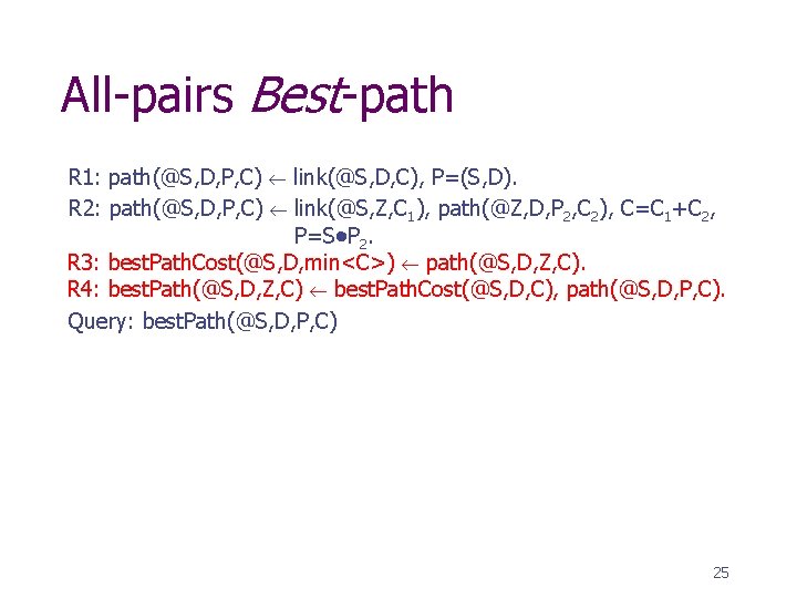 All-pairs Best-path R 1: path(@S, D, P, C) link(@S, D, C), P=(S, D). R