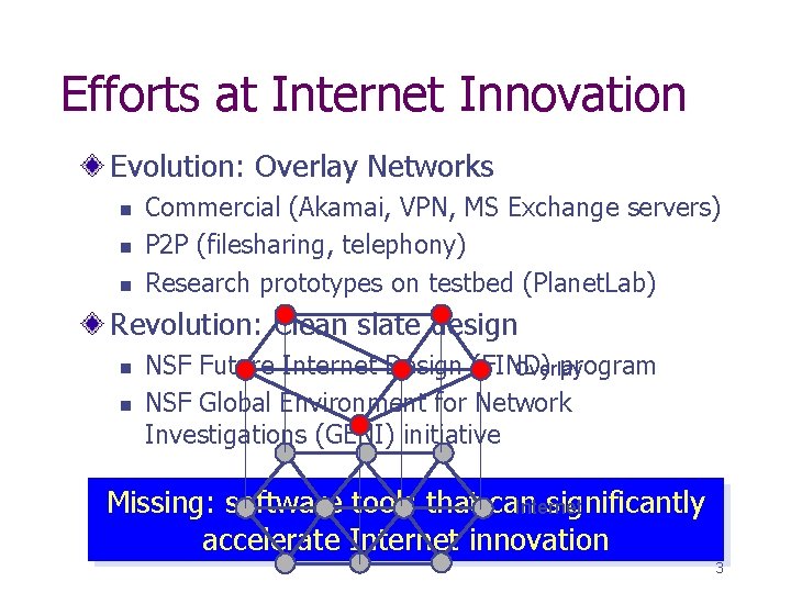 Efforts at Internet Innovation Evolution: Overlay Networks n n n Commercial (Akamai, VPN, MS