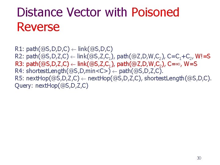 Distance Vector with Poisoned Reverse R 1: path(@S, D, D, C) link(@S, D, C)