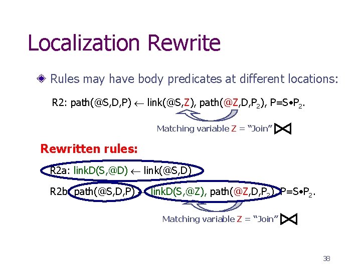 Localization Rewrite Rules may have body predicates at different locations: R 2: path(@S, D,