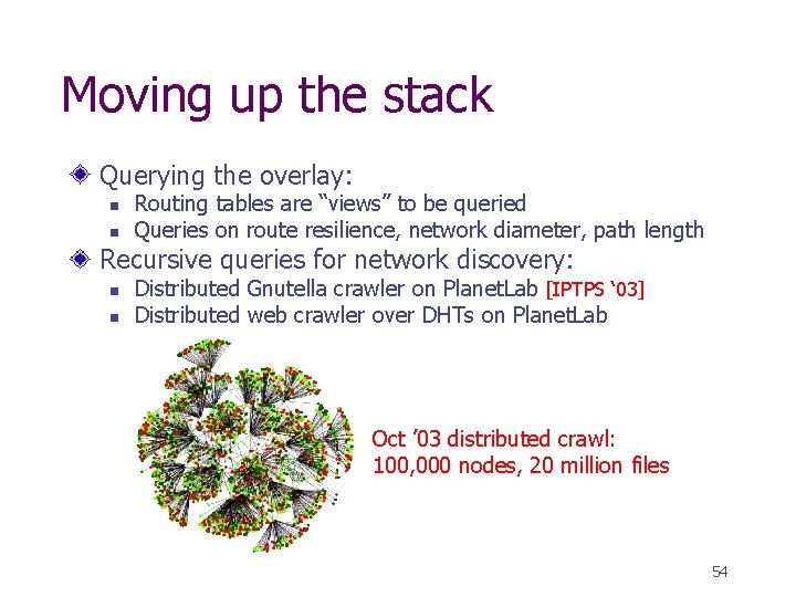 Moving up the stack Querying the overlay: n n Routing tables are “views” to