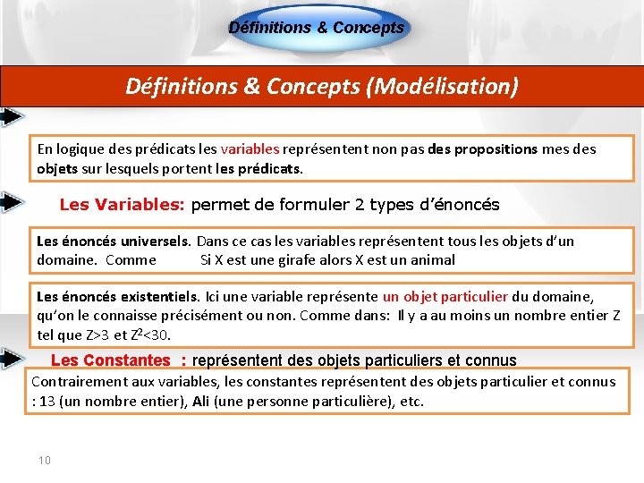 Définitions & Concepts (Modélisation) En logique des prédicats les variables représentent non pas des