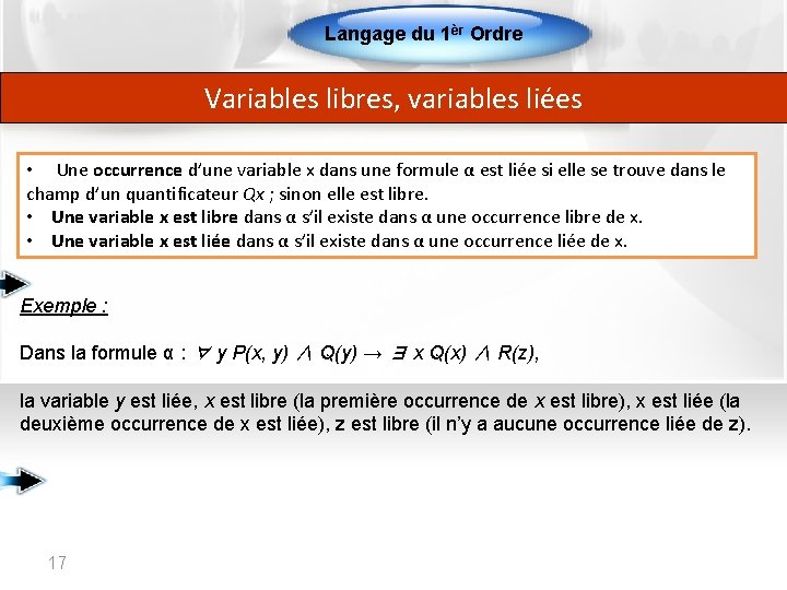 Langage du 1èr Ordre Variables libres, variables liées • Une occurrence d’une variable x