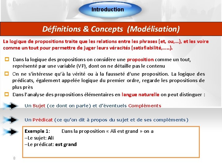 Introduction Définitions & Concepts (Modélisation) La logique de propositions traite que les relations entre